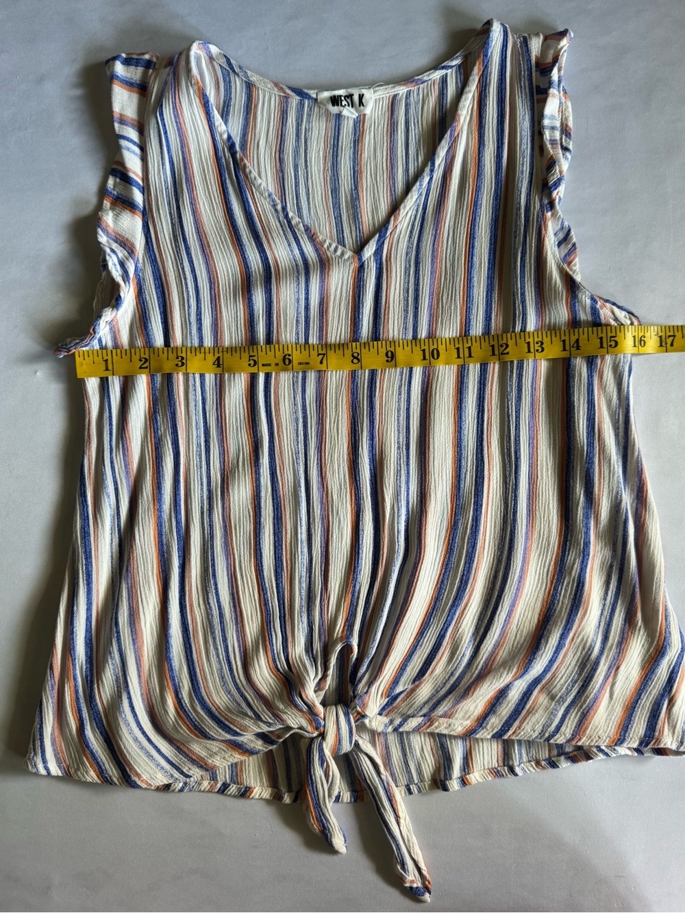West K Striped Tie Front Tank Top Small V Neck Sleeveless Blue Orange White - Picture 9 of 10